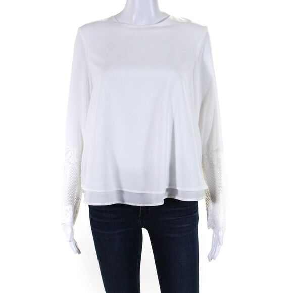 Ellelauri Womens Round Neck Long Sleeve Lace Trim Blouse White Size M - Picture 1 of 7